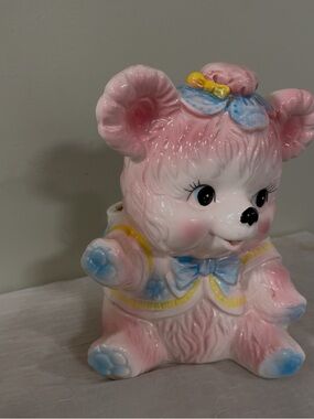 Adorable Pink Bear Ceramic Planter with Blue Bow
